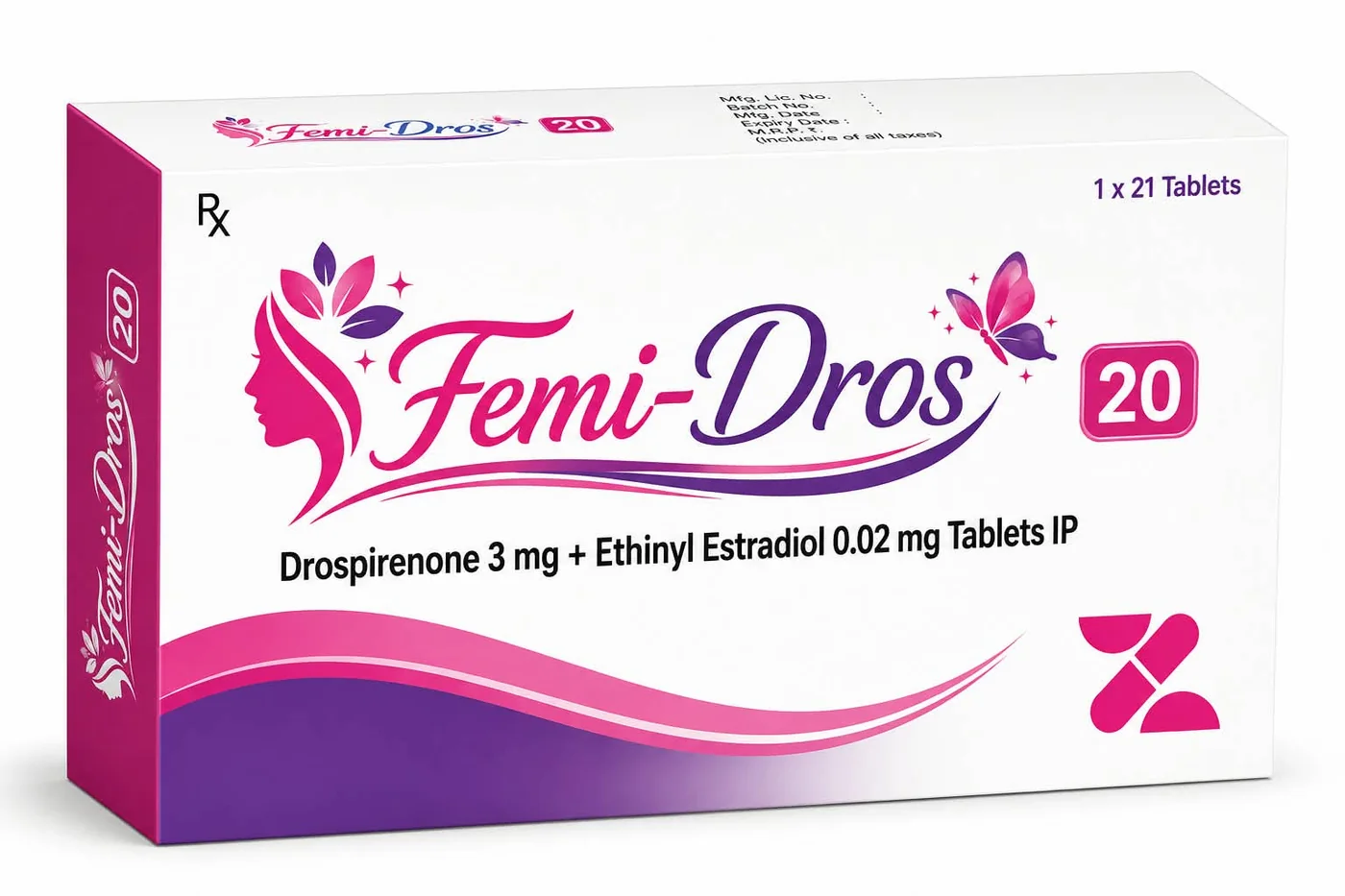 Femi-Dros 20 carton — Drospirenone 3 mg and Ethinyl Estradiol 0.02 mg Tablets IP, 1 x 21 tablets, bearing the Zafieon Pharma mark