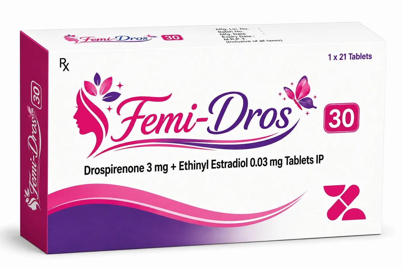 Femi-Dros 30 carton — Drospirenone 3 mg and Ethinyl Estradiol 0.03 mg Tablets IP, 1 x 21 tablets, bearing the Zafieon Pharma mark
