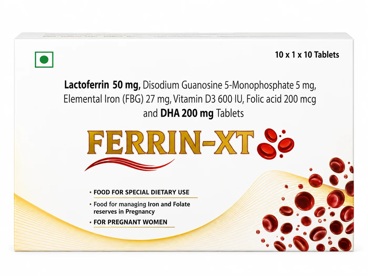 Ferrin-XT carton — Lactoferrin, elemental iron, folic acid, DHA and vitamin tablets, 10 x 1 x 10