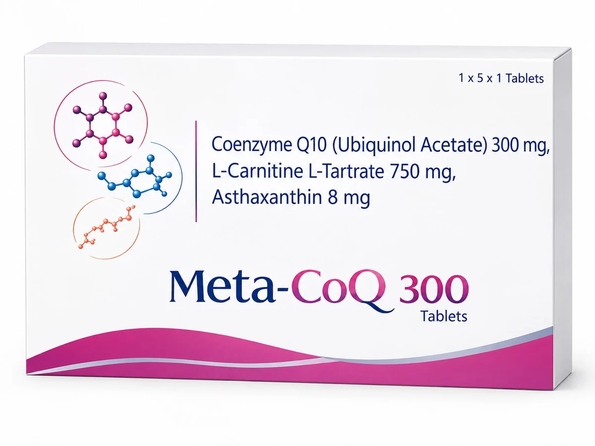 Meta-CoQ 300 carton — Coenzyme Q10, L-Carnitine L-Tartrate and Astaxanthin tablets, 1 x 5 x 1