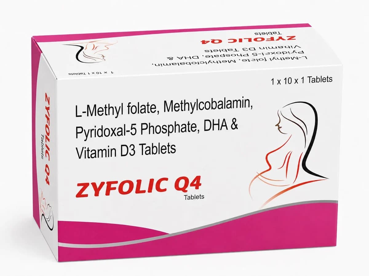 Zyfolic Q4 carton — L-Methyl folate, Methylcobalamin, Pyridoxal-5 Phosphate, DHA and Vitamin D3 tablets, 1 x 10 x 1